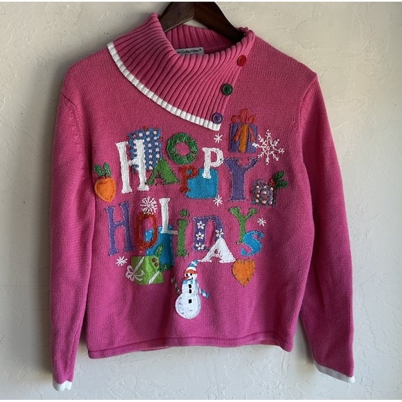 Heirloom Collectibles Sweaters - Vintage Heirloom Collectibles Novelty Christmas Sweater P L Pink Embroidered